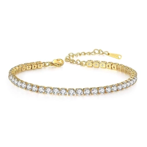 Detail of 4mm cubic zirconia tennis bracelet with gold lobster clasp and extension chain