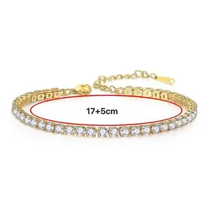 4mm cubic zirconia tennis bracelet in gold finish with 17+5cm adjustable chain length