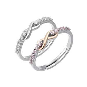 Infinity symbol adjustable ring set with sparkling zircons in silver and rose gold finishes
