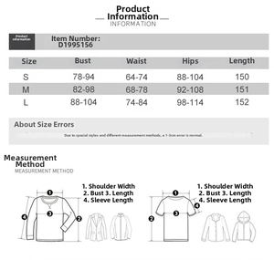 Tableau des tailles pour robe en dentelle avec mesures buste et taille en S, M, L