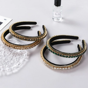 Luxury multi-layered baroque rhinestone headbands set in emerald, amber, and grey glass stones