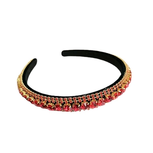 Baroque style multi-layer red crystal headband with gold metal base on white background