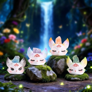 Detailed view of four fantasy fox figurines with raw crystals on mossy rock setting