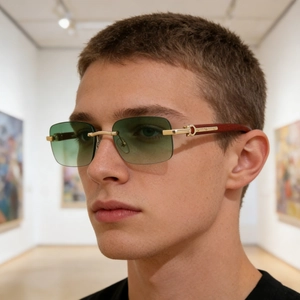 Retro rimless sunglasses for men with wood grain temples and green gradient lenses