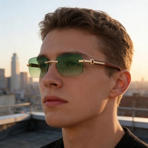 Rimless Square Sunglasses Men Women Retro Wood Grain Texture Temples Metal Hinge Gradient Lens UV400 Luxury Fashion Driving