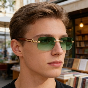 Detail of rimless green gradient sunglasses with wood grain temples and C-decor