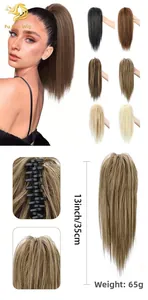 Detail view of 13 inch claw clip ponytail extensions in various natural colors
