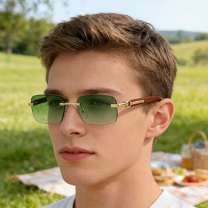 Detail of rimless sunglasses with gradient green lenses and luxury wood grain temples