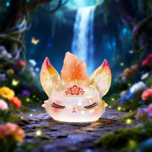 Macro detail of Arcfox fragrance night light with rock salt crystal in a dreamy forest