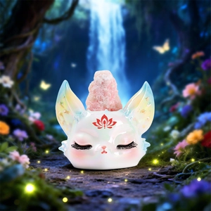 Fantasy pearl white fox head figurine with pink crystal stone in a mystical forest
