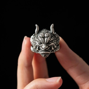 Vintage silver Oni mask ring with intricate carved details and oxidized finish for men