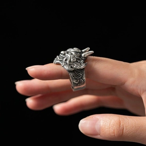 Vintage silver dragon ring for men with intricate engraving and distressed finish