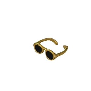 Creative gold-plated brass open ring featuring a cool black sunglasses design
