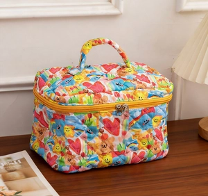 Detailed view of quilted cotton makeup bag with colorful teddy bear and heart prints