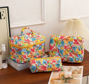 Three-piece quilted cotton cosmetic bags with colorful cartoon bear and heart patterns