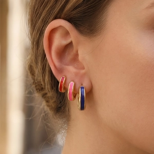 Three-piece set of graduated 18K gold-plated U-shaped enamel hoop earrings in red, pink, and navy
