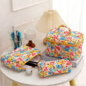 Quilted Cosmetic Bag Colorful Cartoon Graffiti Print Portable Travel Toiletry Pouch Organizer Makeup Storage Cute Ins