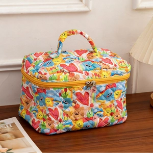 Quilted cotton makeup bag with colorful cartoon prints and double zipper handle