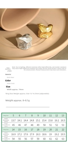 Size chart for S925 sterling silver irregular ring showing inner diameter and circumference