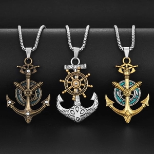 Vintage nautical anchor, helm and compass necklaces for men in punk hip hop style
