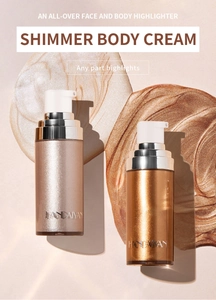 Detailed shimmer texture of champagne and bronze liquid highlighters with bottles