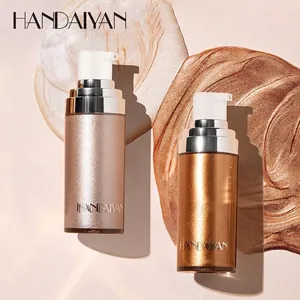 Champagne and bronze liquid body highlighter with shimmering texture in pump bottles