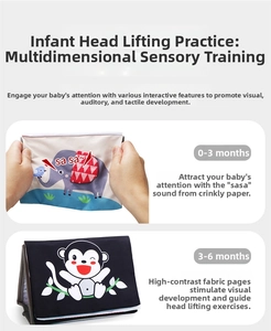Detail of infant cloth book featuring crinkle paper and high contrast patterns for sensory play