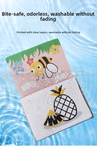 Washable baby cloth book showing colorful bee and sunflower illustrations in clear water