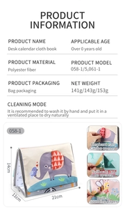 Detail view of foldable desk calendar cloth book with sensory features and dimensions