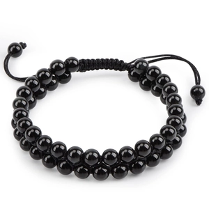 Double layer black beaded stone bracelet with adjustable handmade woven braided cord