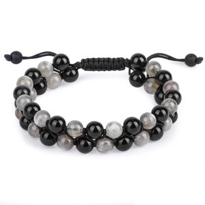 Double-layer tiger eye and black onyx beaded bracelet with adjustable woven rope