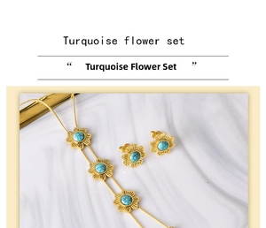 Detailansicht des Türkis-Blumen-Schmucksets mit Goldfinish und Steinblättern