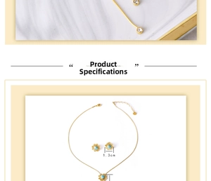 Detailansicht der Sonnenblumen-Halskette und Türkis-Ohrringe aus goldenem Edelstahl