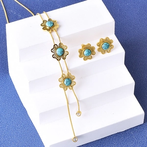 Vintage Hohlblumen Schmuck Edelstahl Türkis Zirkon Quaste Halskette Stecker Ohrringe Für Damen