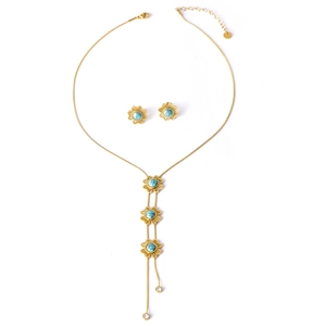 Vintage Gold Schmuckset mit hohlen Blumen, Türkis-Anhänger und langen Quasten