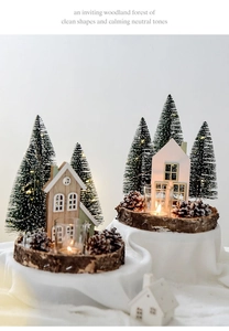 Nordic wooden house candle holder set with pine cones and evergreen trees for decor