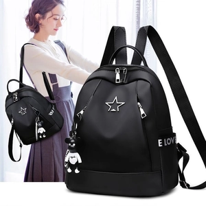 Black Oxford cloth backpack for women with star logo, E LOVE detail and bear charm