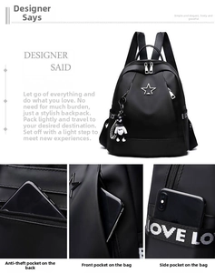 Detail view of Oxford cloth backpack showing star charm and the anti-theft back pocket