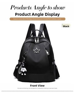 Close-up of black Oxford cloth backpack featuring silver star logo and lettered ribbon
