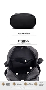 Detailed view of the black Oxford backpack showing its internal multi-pocket layout