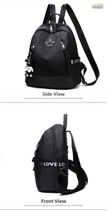 Detail view of black oxford backpack with metal star and branded lettered straps