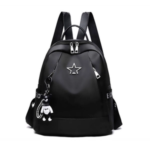 Black Oxford cloth backpack with star emblem, LOVE straps and cute bear pendant charm