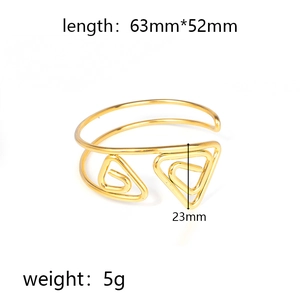 Detailed view of a gold open bangle showing 63x52mm dimensions and geometric triangle ends