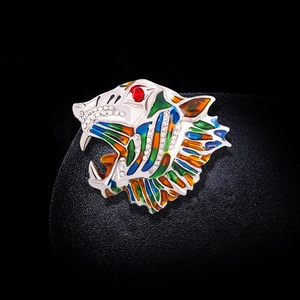 Exquisite silver tiger head brooch with colorful enamel and sparkling rhinestones