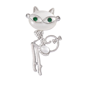 Elegant cat brooch with opal head, green stone eyes, and sparkling rhinestone details