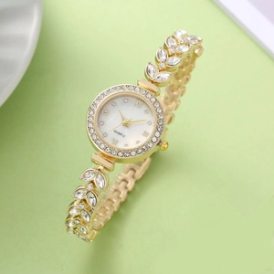 Elegant gold quartz watch with rhinestone mermaid leaf band and white pearl dial