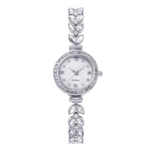 Luxury Women's Quartz Bracelet Watch With Leaf Shaped Strap Rhinestone Bezel Roman Numerals Alloy Fashion Jewelry Timepiece