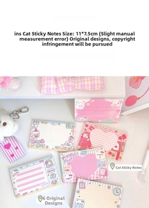 Detailed view of six cute cat themed sticky notes in pastel colors and heart illustrations
