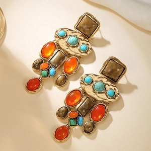 Bohemian hammered gold metal earrings with colorful beads in vintage floral style