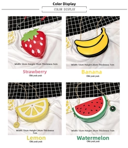 Quirky fruit-shaped crossbody bags in strawberry banana lemon and watermelon styles